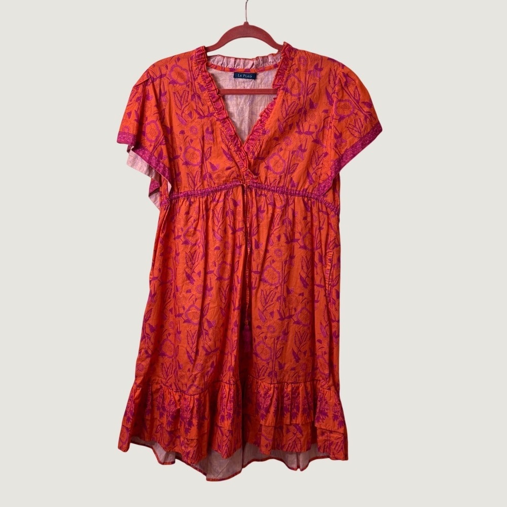 LA PLAGE Tunic Dress L Orange Pink Floral 100% Cotton Boho Resort Beach Vacation